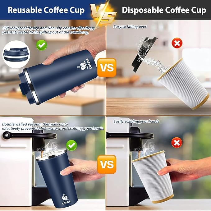 Insulated Travel Coffee Mug Reusable Coffee Tumbler Cup with Flip Lid Leak Proof Spill Proof for Office School Party Camping Hot and Cold Drink,Stainless Steel 17oz (Navy Blue)