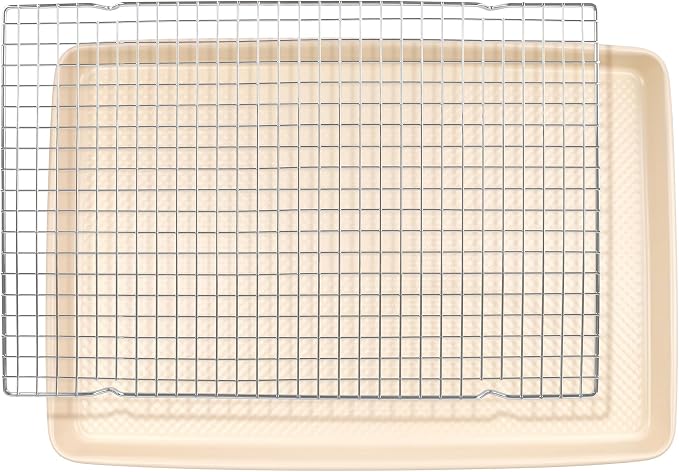 David Burke 17x11 Cookie Sheet with Chrome Cooling Rack – Carbon Steel, PFTE & PFOA Free, Oven Safe, Non-Toxic, Perfect for Baking and Roasting – Cream