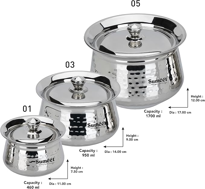 Sumeet Stainless Steel Handcrafted Hammered Texture Handi Set with Lid for Kitchen, Set of 3, 460ml, 950ml & 1700ml, Silver