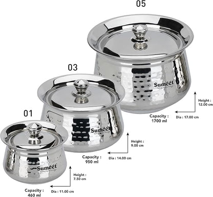 Sumeet Stainless Steel Handcrafted Hammered Texture Handi Set with Lid for Kitchen, Set of 3, 460ml, 950ml & 1700ml, Silver