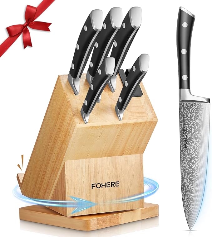 Knife Set with Block, 7-Piece German Stainless Steel Knife Set for Kitchen, Rotating Design with Built-in Sharpener & Phone Stand for Watching Recipes While Cooking, Gift