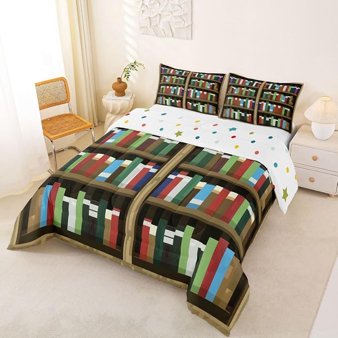 Manfei Pixel Bookshelf Kids Comforter Set,Pixelated Bookcase Vedio Game Bedding Set All Season,Books Modern Building Games Comforter 2 Pcs with 1 Pillowcase,Toddler Size