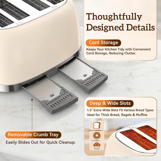 RONGBEST Retro 4 Slice Touch Screen Toaster with Stainless Steel Wide Slot, Reheat & Defrost Bagel for Family Breakfast Bread, 6 Browning Levels, Removable Crumb Tray, Cream Color