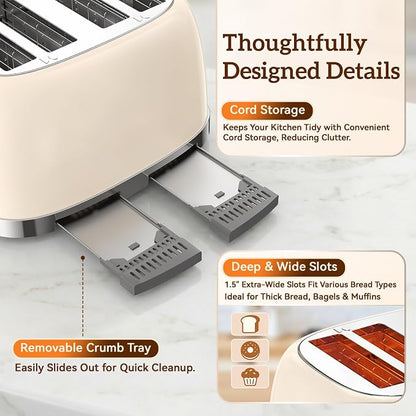 RONGBEST Retro 4 Slice Touch Screen Toaster with Stainless Steel Wide Slot, Reheat & Defrost Bagel for Family Breakfast Bread, 6 Browning Levels, Removable Crumb Tray, Cream Color