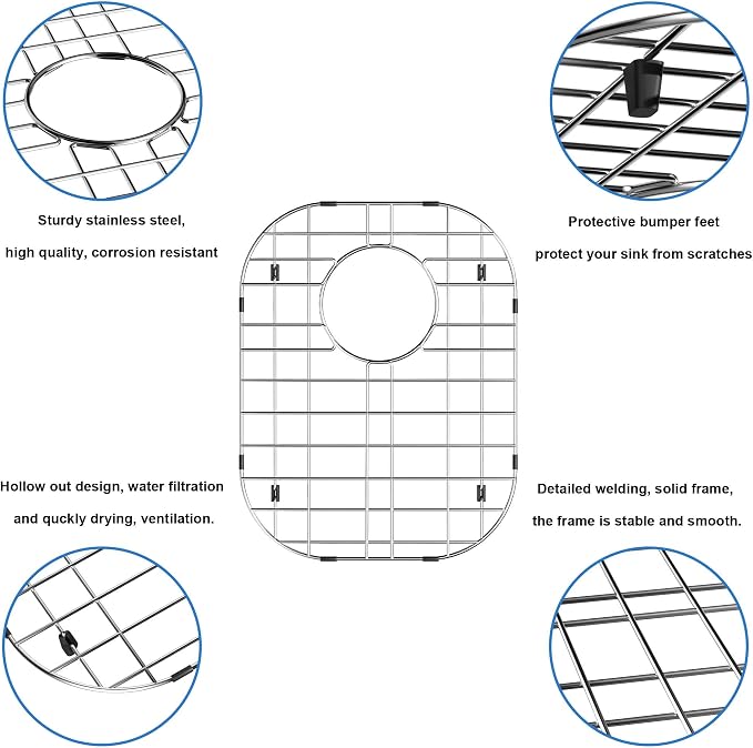 Kitchen Sink Bottom Grid Protector 16.1"L X 13"W, Stainless Steel Sink Grate with Rear Drain, Universal Metal Sink Rack for Kitchen Double Bowl Sink
