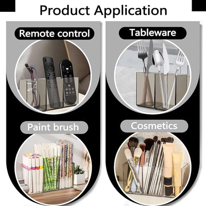 2 Pack Translucent Gray Makeup Brush Holder, 3 Compartment Plastic Pen Organizer, Acrylic Silverware Caddy for Storage Desk Vanity Pencil Utensil Marker Cutlery (Translucent Gray)