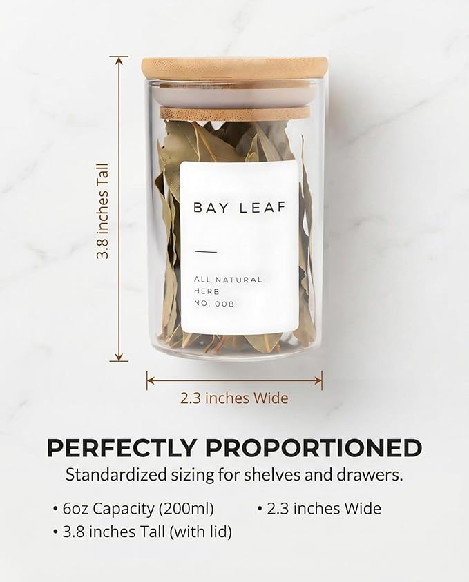 Bloomondo Glass Spice Jars with Label Pack (12x Bamboo Lid Glass Jar) Small 6oz Empty Spice Storage Bottles with 112 Printed Stickers and 48 Writable Pantry Labels for Seasoning Containers