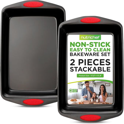 NutriChef 2-Piece Nonstick Baking Pan Set – Carbon Steel Cookie Sheet w/Red Silicone Grip Handles – Durable, Heavy-Duty Bakeware for Even Heat Distribution – Oven Safe, Easy Cleanup – Black