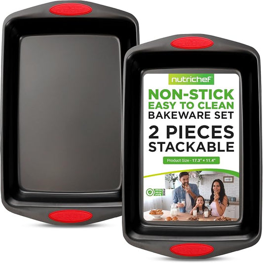 NutriChef 2-Piece Nonstick Baking Pan Set – Carbon Steel Cookie Sheet w/Red Silicone Grip Handles – Durable, Heavy-Duty Bakeware for Even Heat Distribution – Oven Safe, Easy Cleanup – Black