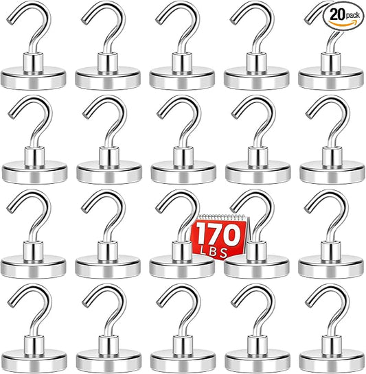 DIYMAG Magnetic Hooks, 170 LB Heavy Duty Strong Magnet with Hook, Rare Earth Neodymium Magnets for Hanging, Magnetics Hanger for Curtain, Home, Kitchen, Workplace,Silver 20 Packs