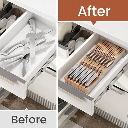 In-Drawer Knife Block Organizer - Bamboo Wood Drawer Knife Organizer-Protecting Knife Organizer Block (Not Included) (White, 15 Knives Dock)