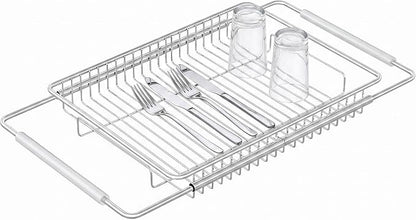 Expandable Over The Sink Dish Drainer Drying Rack, Stainless Steel Metal, Small Adjustable Dish Drainer Drying Rack for Kitchen Counter, Space Saving for Compact Kitchen