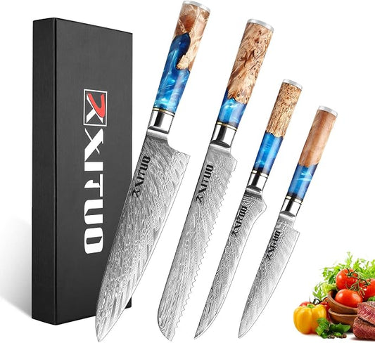 XITUO VG10 Damascus Steel 4-Piece Japanese Chef Knife Set, Blue Resin & Wood Handle, 8" Chef Knife, 8" Bread Knife, 6" Boning Knife, 5" Utility Knife, Gift Box