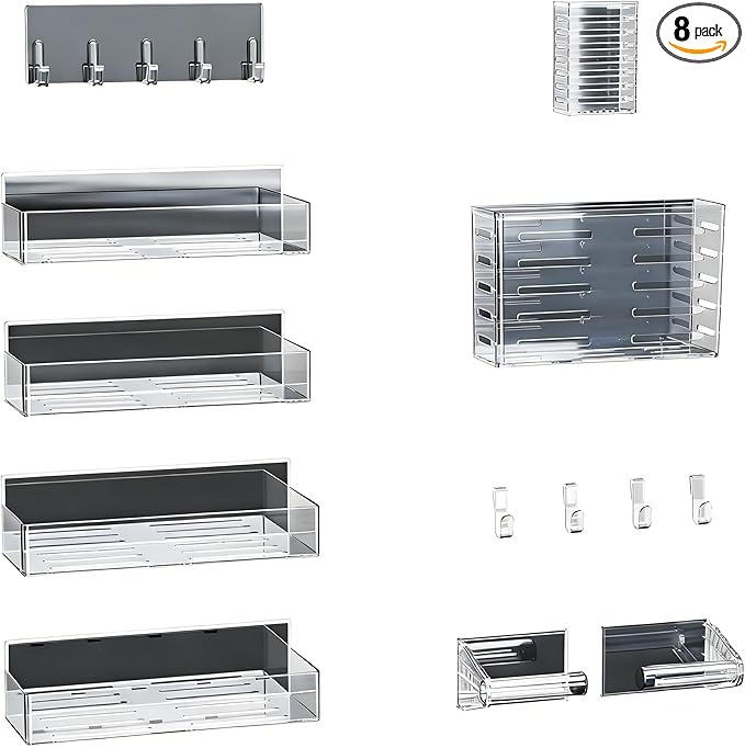 Magnetic Spice Rack for Refrigerator,8 Pack Magnetic Shelf,Fridge Magnet Organizer with Paper Towel Holder,Utensils Racks,Hook Rack,Deepened Basket,Fridge Organizers and Storage Clear(8 Pack)
