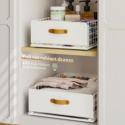 Pull Out Cabinet Organizer, No-Drill Pantry Drawers, Slide Out Shelves with Bamboo Risers for Lipped Cabinets,Ideal for Kitchen, Bathroom & Under Sink Storage (White, 13.8" Wide-21 Deep)