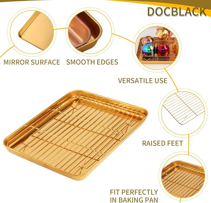 DOCBLACK Baking Sheet with Wire Rack and BBQ Tong Set, Stainless Steel Cookie Sheet Baking Tray & Cooling Rack & 26cm Food Tong for Cooking and Oven, Dishwasher Safe-Rainbow