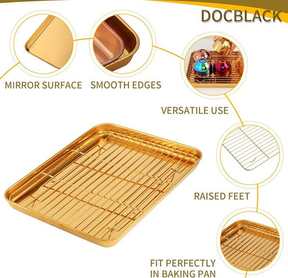 DOCBLACK Baking Sheet with Wire Rack Set and BBQ Tong, Stainless Steel Cookie Sheet Baking Tray & Cooling Rack & 26cm Food Tong for Cooking and Oven, Dishwasher Safe-Sunset Red