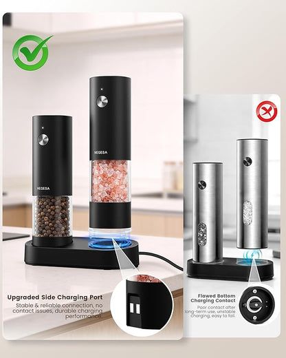 Electric Salt and Pepper Grinder Set, Rechargeable USB Base, Automatic One-Hand Operation, 6 Adjustable Coarseness, 140ml Capacity, LED Light, Refillable for Kitchen, Housewarming Gift