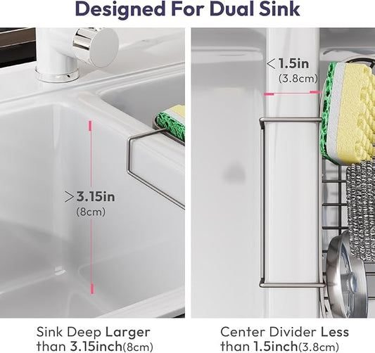 SWTYMIKI Sponge Holder for Kitchen Sink - Movable Kitchen Sink Caddy with M Hook Stainless Steel Hanging Sponges Caddy Organizer in Double Bowl Sinks Depth>3.15in, Middle Divider<1.5in, Sand Nickel L