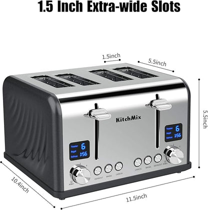 KitchMix Toaster 4 Slice, Bagel Stainless Toaster with LCD Timer, Extra Wide Slots, Dual Screen, Removal Crumb Tray (Gray)