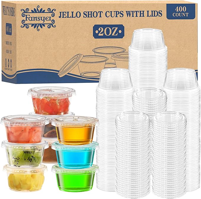 400 sets - 2 oz Portion Cups with Lids, Jello Shot Cups with Lids, Bulk ＆ Clear Sauce Cups for Meal Prep, Disposable Small Plastic Containers for Salad Dressing, Condiment, Snacks
