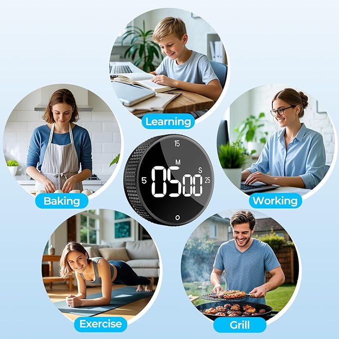 Digital Magnetic Kitchen Timer for Cooking, Large LED Visual Countdown Timer, Rotating Dial Pomodoro Focus Timer, Adjustable Volume, 5/15/25 Min Presets for Kids, Teachers, Seniors