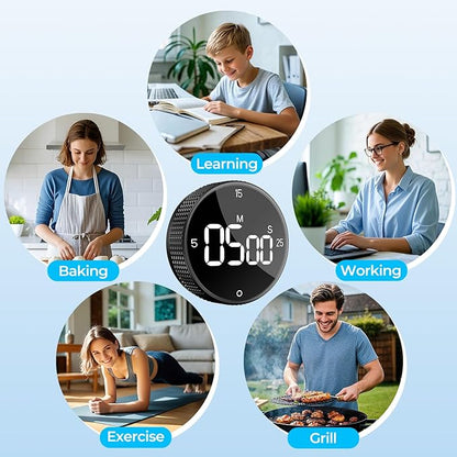 Digital Magnetic Kitchen Timer for Cooking, Large LED Visual Countdown Timer, Rotating Dial Pomodoro Focus Timer, Adjustable Volume, 5/15/25 Min Presets for Kids, Teachers, Seniors