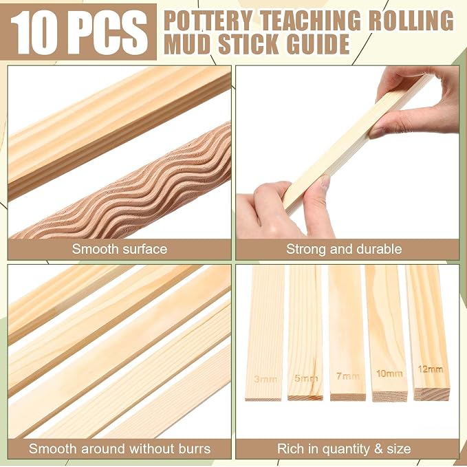 Colingmill 16 Pcs Christmas Pottery Teaching Rolling Mud Stick Guide and Clay Rollers Textured Set Includes 10 Pcs 5 Size Wooden Rolling Pin Guides Sticks 6 Patterns Clay Modeling Pattern Rollers