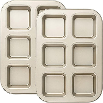 Beasea Mini Brownie Pan, 2 Pack 6 Cavity Gold Square Inidividual Brownie Muffin Cake Cutter Pan Mini Cheesecake Cupcake Bakeware Carbon Steel Brownie Baking Tray Bakeware for Oven Baking