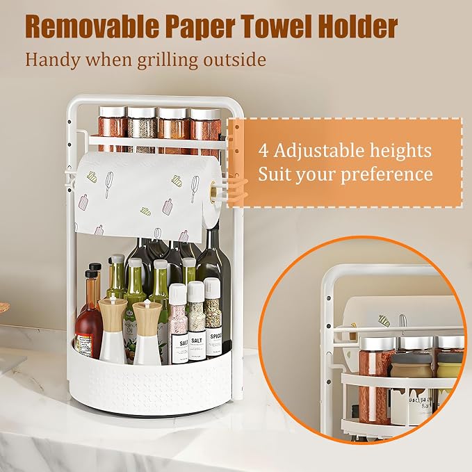 JEESA Rotating Spice Rack with Paper Towel Holder, White | 2 Tier Lazy Susan, Sturdy Iron, Seasoning Organizer, Kitchen Countertop