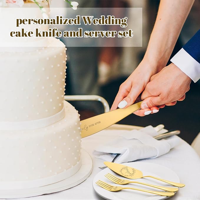 Wedding Cake Knife and Server Set, 4 Pack Stainless Steel Cake Cutting Knife, Slicer and Forks Server for Wedding, Anniversary, Birthday, Baby Shower(Gold 2026)
