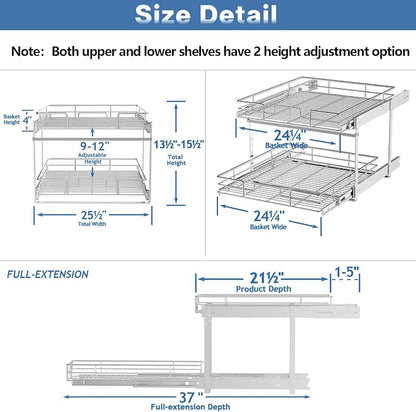 ROOMTEC Individual Pull Out Cabinet Organizer (25½"W x 21½"D), 2 Tier Spice Rack Organizer for Cabinet, Slide Out Drawer Pantry Shelf Organization and Storage for Kitchen Bathroom