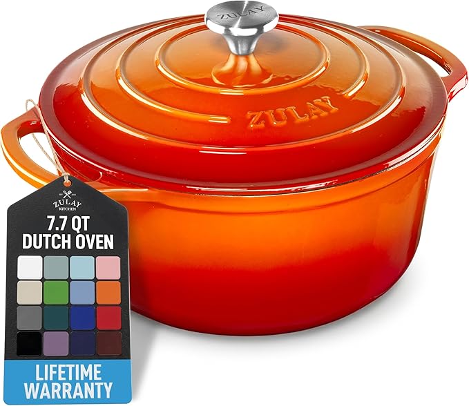 Zulay Kitchen 7.7 Quart Enameled Cast Iron Dutch Oven Pot with Lid – Premium Durability & Oven Safe up to 500°F – Heavy Duty Cookware Perfect for Bread Baking, Stews, Braising & Roasting – Orange