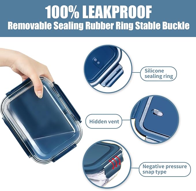 Glass Meal Prep Containers 5 Pack,Three Sizes Airtight Glass Lunch Containers, Glass Food Storage Containers with Lids, for Microwave, Oven, Freezer & Dishwasher Friendly(Sea Blue)
