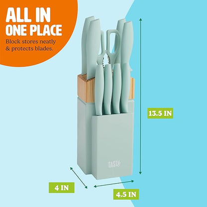 Tasty Kitchen Knife Set with Block, Cutlery Set includes Chef, Bread, Utility, Paring, Steak Knives & Shears, 10-Piece, Aqua