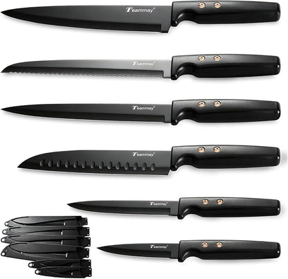 12-Piece Kitchen Knife Set, Stainless Steel Knives with Non-Stick Coating, Dishwasher Safe, Black Knife Set with Rose Gold Rivets 6 Blade Guards, Perfect for Home Chefs Cooking Enthusiasts