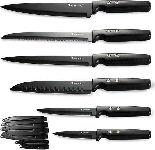 12-Piece Kitchen Knife Set, Stainless Steel Knives with Non-Stick Coating, Dishwasher Safe, Black Knife Set with Rose Gold Rivets 6 Blade Guards, Perfect for Home Chefs Cooking Enthusiasts