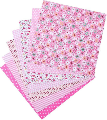 7Pcs Pink Printed Squares Fabric Patchwork Soft Cotton Square Fabrics Flower Polka Dot Stripe Print Vintage Cloth Bundle for Sewing Making Clothing Dress Decor Scrapbooking DIY Craft Supply