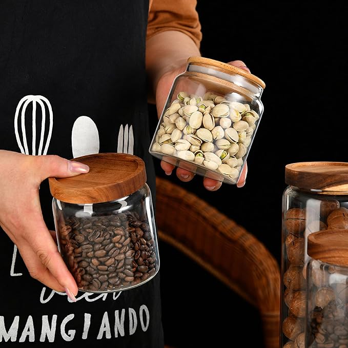 Custde 17 floz Small Glass Storage Containers with Lids,Candy Jar with Lid, Glass Food Storage Containers for Kitchen Counter, Pantry, Decorative Jar for Coffee, Sugar,Tea, Cute Jar(Bamboo 17 FL OZ)