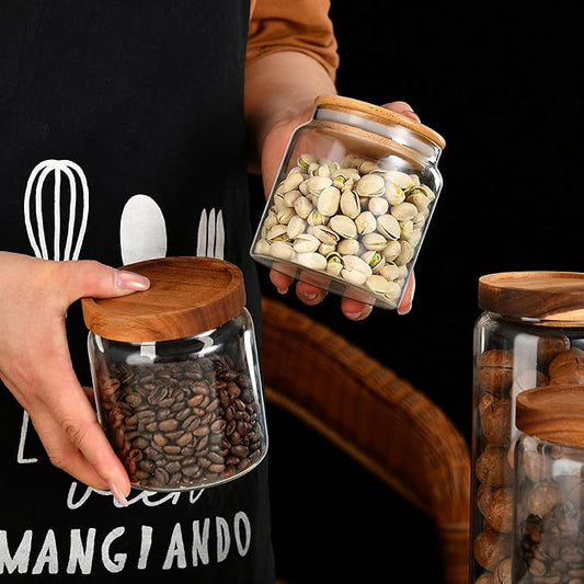Custde Glass Jar with Lid, 17 FL oz Airtight Glass Storage Jar Glass Food Storage Containers for Kitchen Counter, Pantry, Decorative Jar for Coffee, Sugar, Candy Cute (Wooden 17 FL OZ)