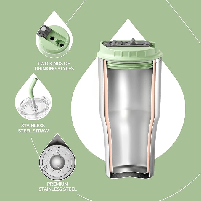 IDEUS Insulated Tumbler with Lid and Straw 18 oz, Stainless Steel Double-Wall Vacuum Leak-Proof Travel Coffee Mug, Cup Holder Friendly, Avocado Green