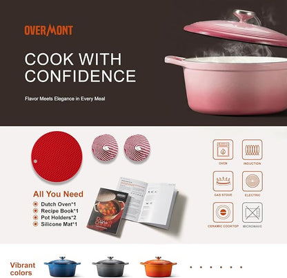 Overmont Enameled Cast Iron Dutch Oven - 5.5QT Pot with Wide Handles Lid Cookbook & Cotton Potholders - Heavy-Duty Pre-Seasoned Cookware Oven Safe to 500°F for Braising, Stews, Roasting, Sourdough Baking