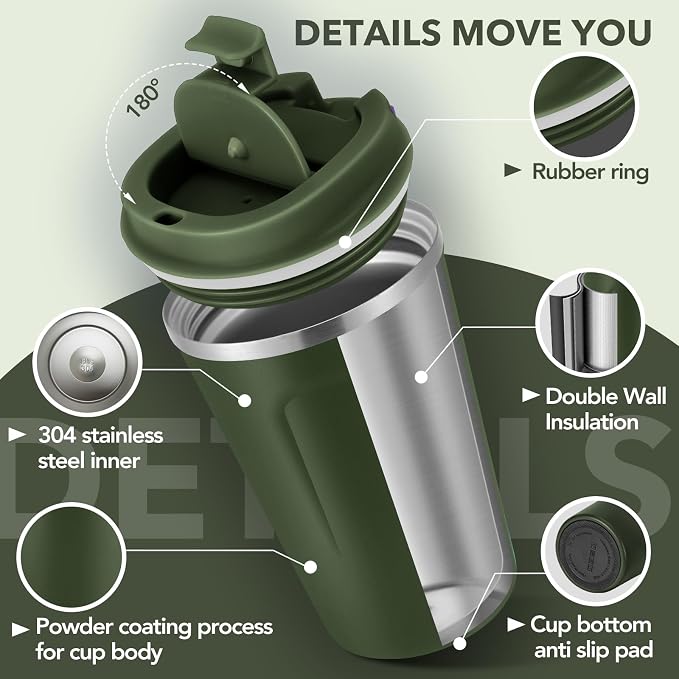 Volhoply 12 oz Double Wall Insulated Vacuum Travel Coffee Mug with Flip Lid Bulk 4 Pack,Reusable Stainless Steel Leak Proof Coffee Cups,Portable Thermal Tumbler for Hot & Cold Drinks(Army Green,4 Set)