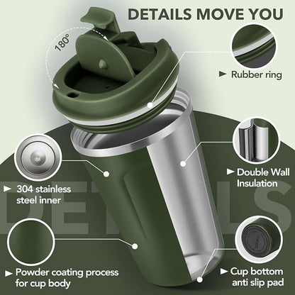 Volhoply 12 oz Double Wall Insulated Vacuum Travel Coffee Mug with Flip Lid Bulk 4 Pack,Reusable Stainless Steel Leak Proof Coffee Cups,Portable Thermal Tumbler for Hot & Cold Drinks(Army Green,4 Set)