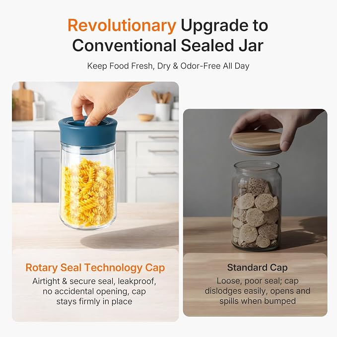 Airtight Food Jar with Blue Rotary Lid, 27oz Borosilicate Food Storage Canisters with Measurement Marks, Wide Mouth Pantry Jar for Kitchen, Counter, Coffee Beans, Oats, Cereal, Pasta, Cookie