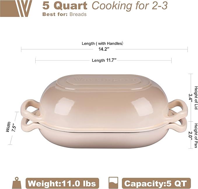 VORRINGARD Enameled Cast Iron Sourdough Bread Oven, Dutch Oven, Loaf Cast Iron Bread Pan for Homemade Bread Baking, Meatloaf Pan with Lid, 5QT, Latte