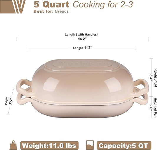 VORRINGARD Enameled Cast Iron Sourdough Bread Oven, Dutch Oven, Loaf Cast Iron Bread Pan for Homemade Bread Baking, Meatloaf Pan with Lid, 5QT, Latte