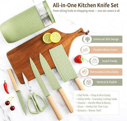 Knife Set, 6-Piece Kitchen Knife Set with Sharp Chef and Meat Knives, Anti-Rust Utility Knives Set for Kitchen, Kitchen Knife Block Set （Green）
