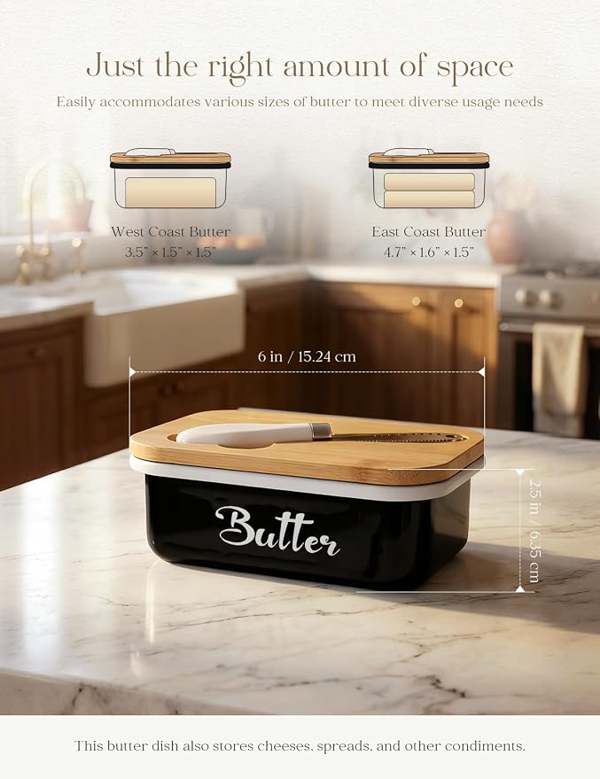Butter Dish with Lid for Countertop, AISBUGUR Metal Butter Keeper with Stainless Steel Multipurpose Butter Knife, Large Butter Container with Double High-quality Silicone Good Kitchen Gift Black