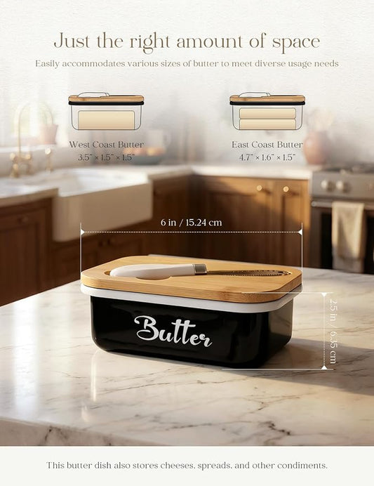 Butter Dish with Lid for Countertop, AISBUGUR Metal Butter Keeper with Stainless Steel Multipurpose Butter Knife, Large Butter Container with Double High-quality Silicone Good Kitchen Gift Black